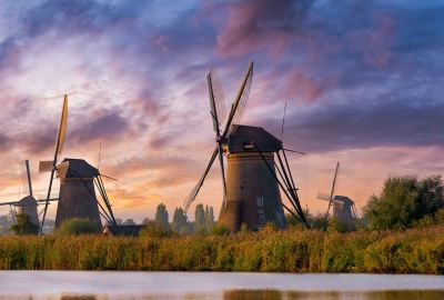 Netherlands Windmill White Blue Clouds Sky Reflection Hd Travel
